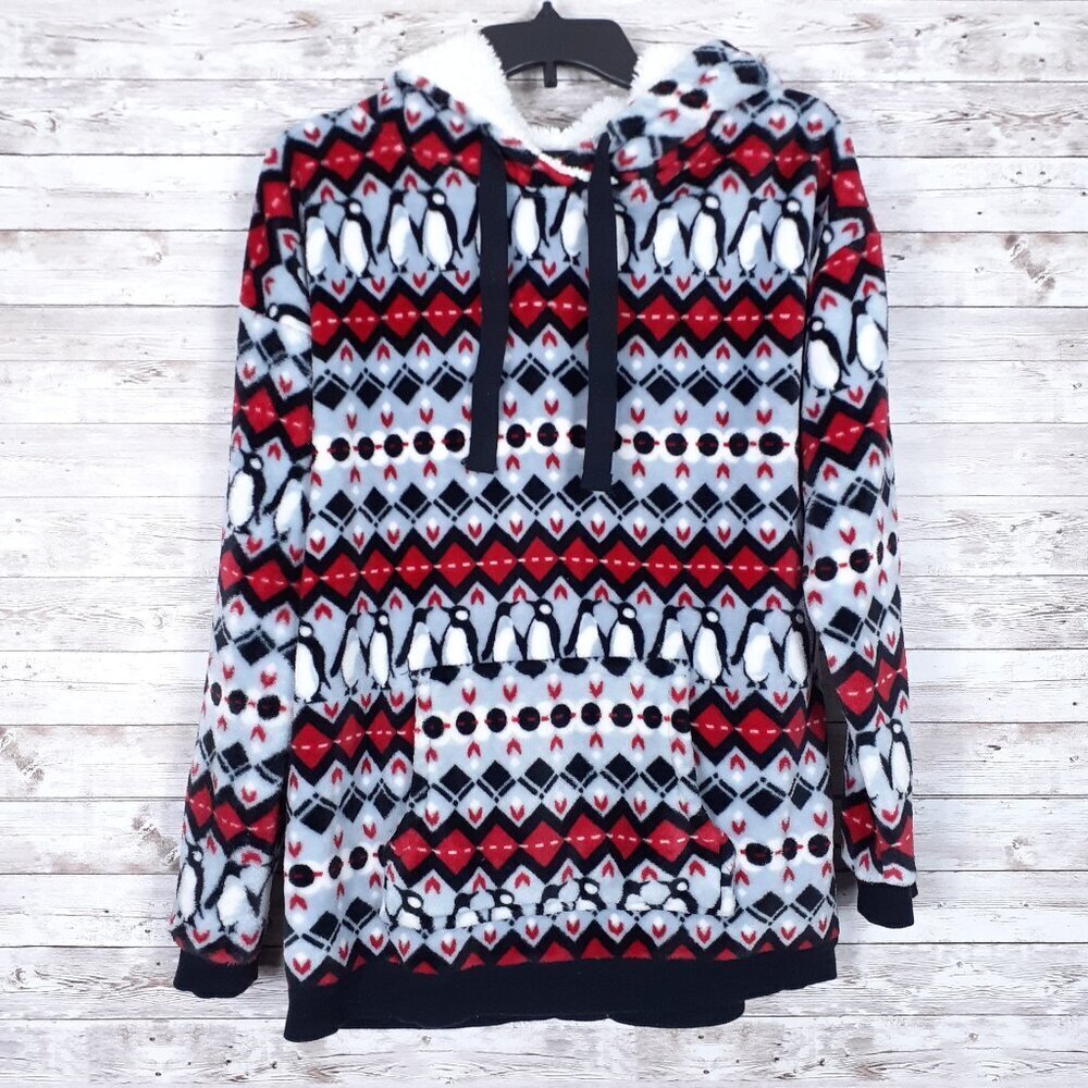 Vera Bradley Faux Fur Sherpa Hoodie Pullover M Fair Isle Penguin 171